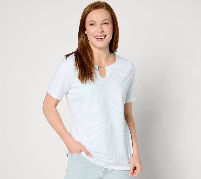 Denim & Co. Favorite Jersey Palm Print Short Sleeve Keyhole Top — View 11