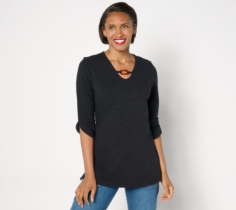 Denim & Co. Texture Knit 3/4-Sleeve Tunic w/ Tortoise Detail — View 9
