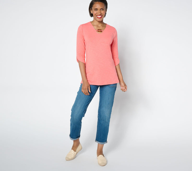 Denim & Co. Texture Knit 3/4-Sleeve Tunic w/ Tortoise Detail — View 11