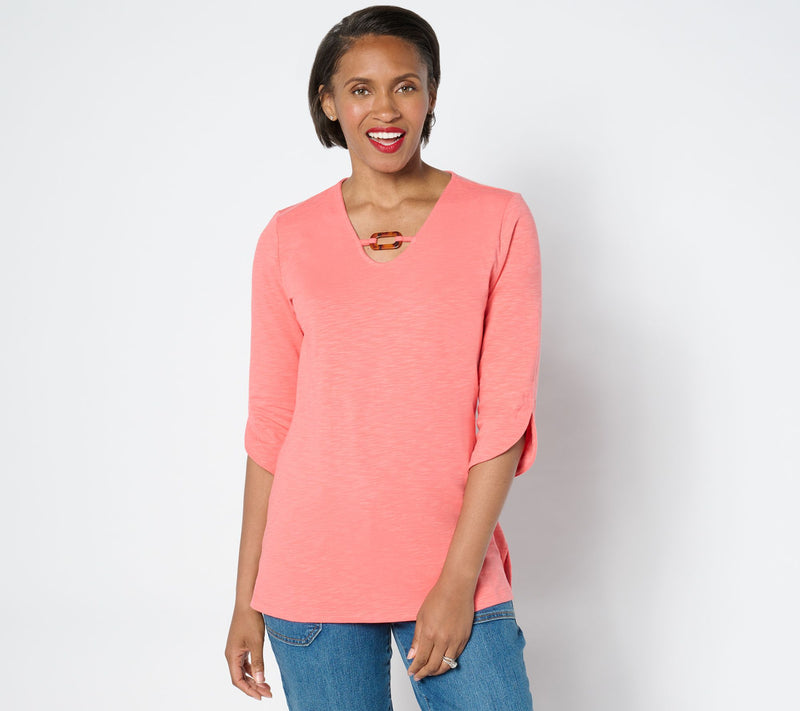 Denim & Co. Texture Knit 3/4-Sleeve Tunic w/ Tortoise Detail — View 3