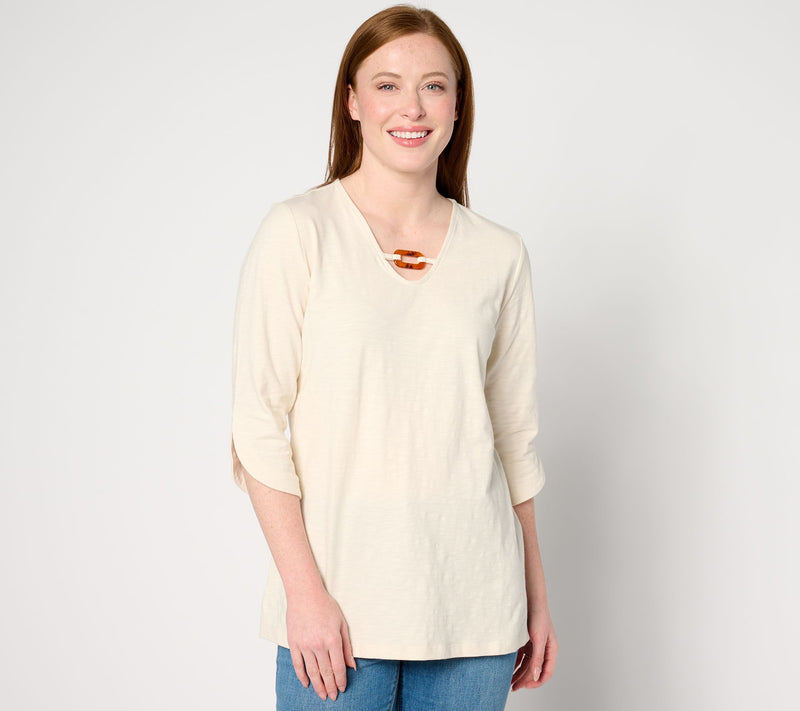 Denim & Co. Texture Knit 3/4-Sleeve Tunic w/ Tortoise Detail — View 5