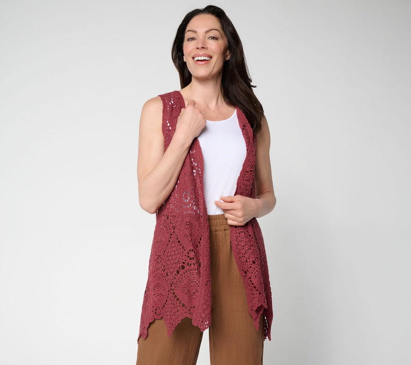 Susan Graver Passport Crochet Vest with Scalloped Hem — Main view
