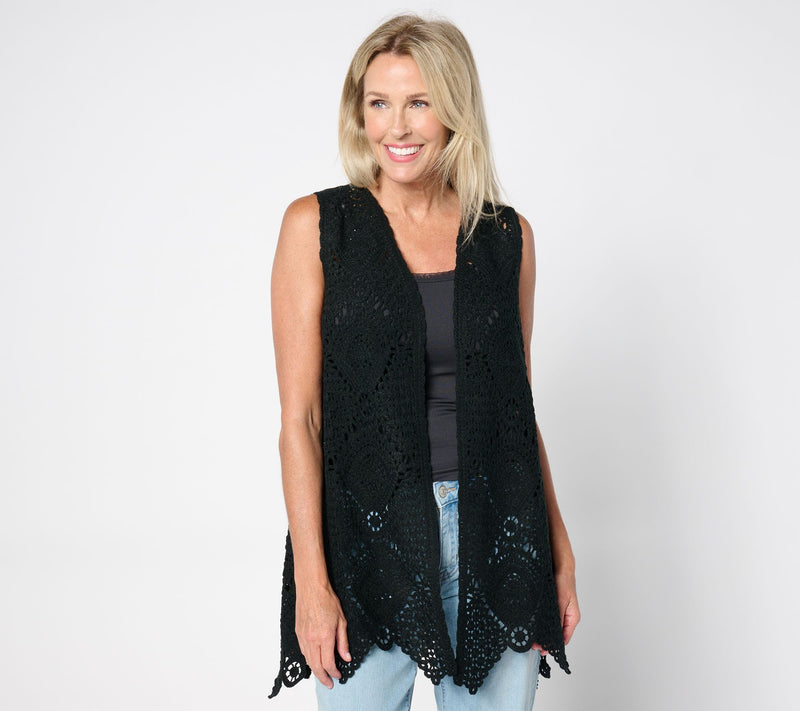 Susan Graver Passport Crochet Vest with Scalloped Hem — View 7