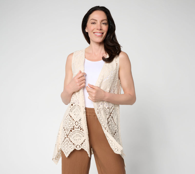 Susan Graver Passport Crochet Vest with Scalloped Hem — View 3