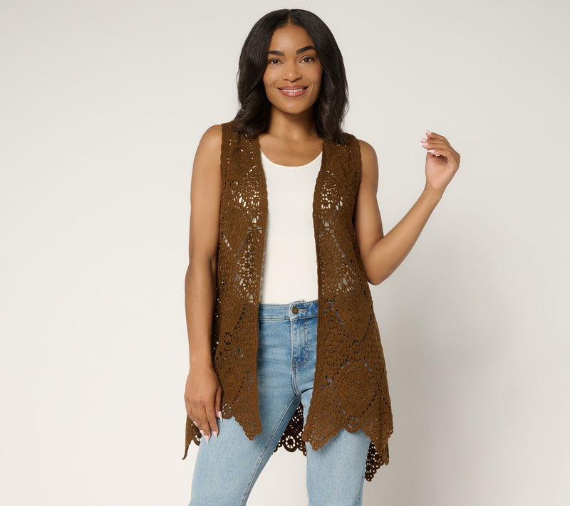 Susan Graver Passport Crochet Vest with Scalloped Hem — View 17