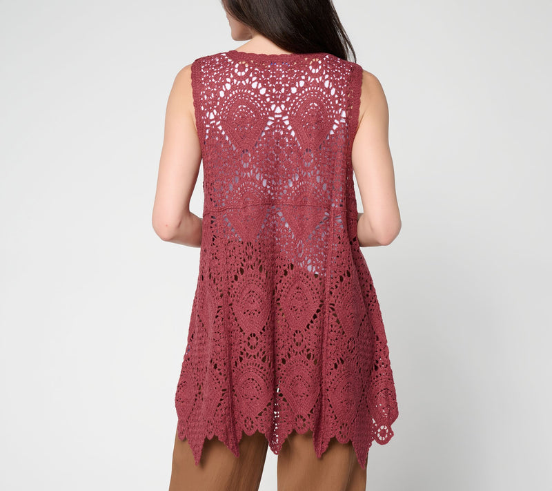 Susan Graver Passport Crochet Vest with Scalloped Hem — View 10