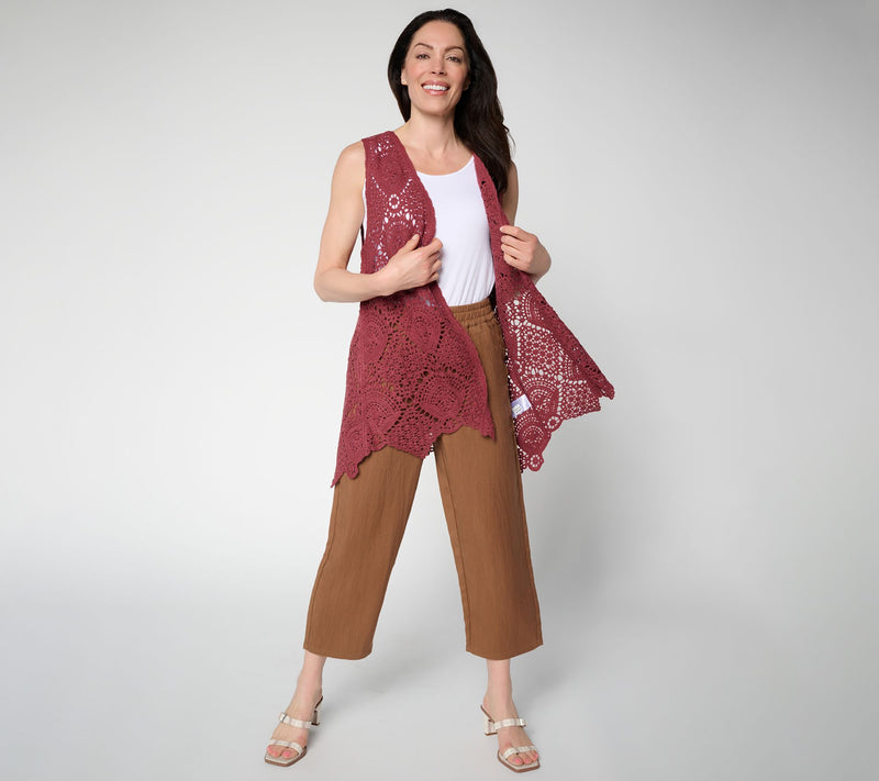 Susan Graver Passport Crochet Vest with Scalloped Hem — View 11