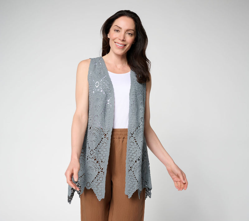 Susan Graver Passport Crochet Vest with Scalloped Hem — View 20