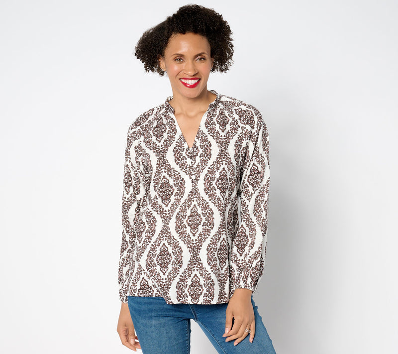 Belle by Kim Gravel Floral Ikat Blouson Sleeve Blouse — View 16