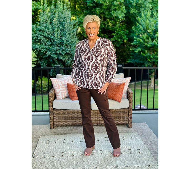 Belle by Kim Gravel Floral Ikat Blouson Sleeve Blouse — View 8