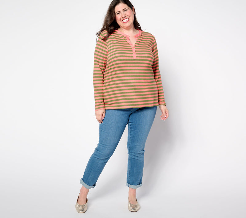 Belle by Kim Gravel Rayon Spandex Ribbed Mini Striped Henley — View 3