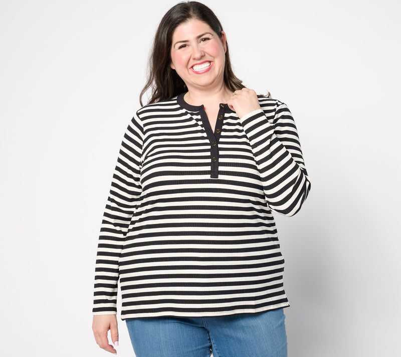 Belle by Kim Gravel Rayon Spandex Ribbed Mini Striped Henley — View 10