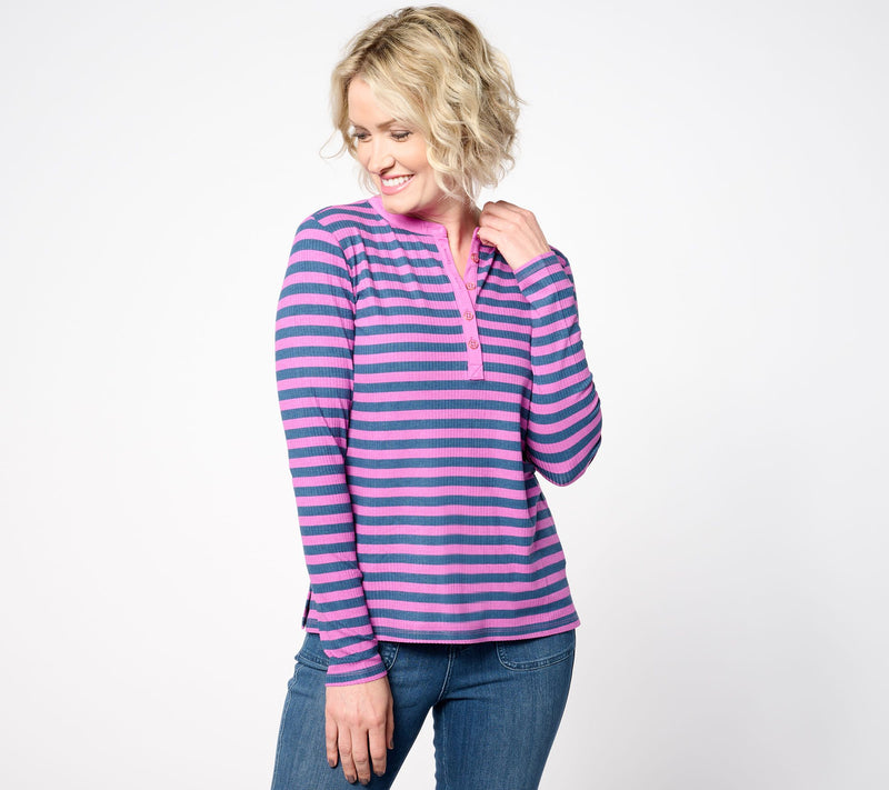 Belle by Kim Gravel Rayon Spandex Ribbed Mini Striped Henley — View 12