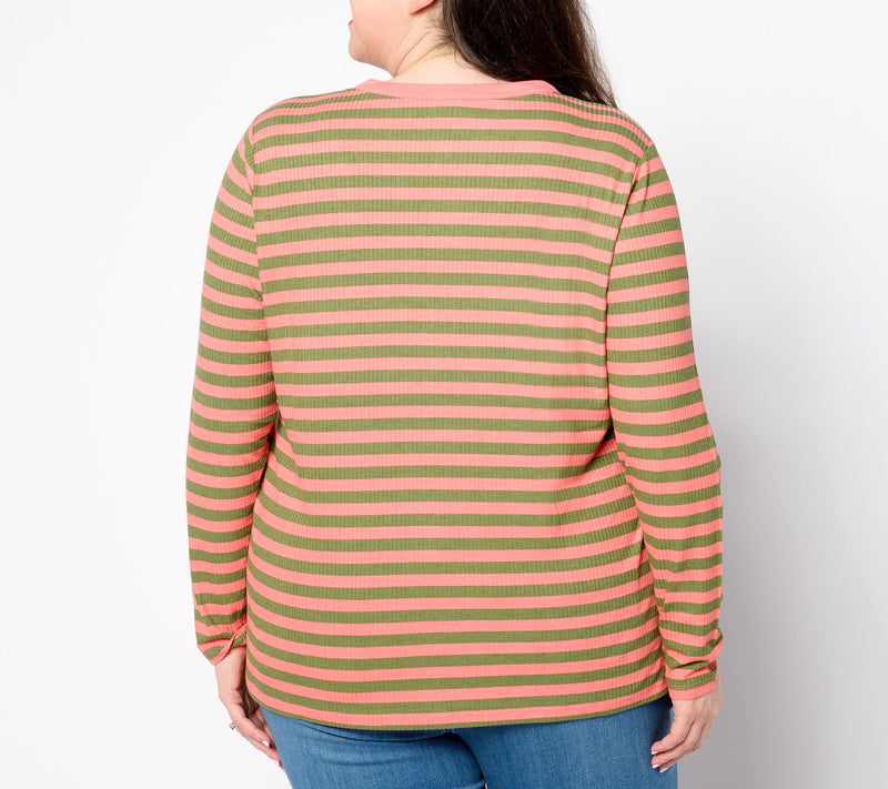 Belle by Kim Gravel Rayon Spandex Ribbed Mini Striped Henley — View 2
