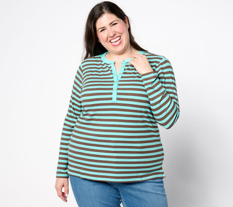 Belle by Kim Gravel Rayon Spandex Ribbed Mini Striped Henley — View 13