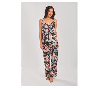 iCollection Printed Satin Cami & Pant Set w/ Piping Details