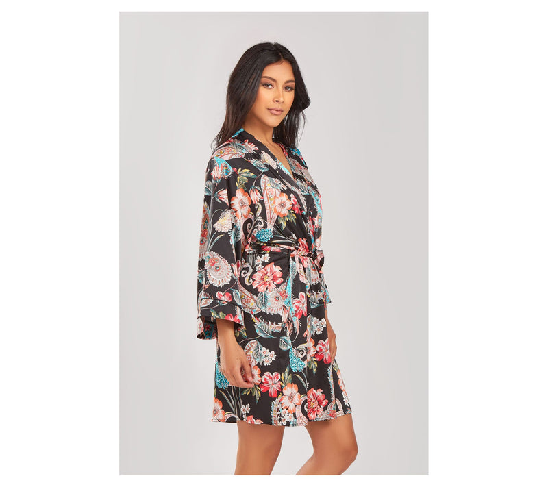 iCollection Printed Satin Robe with Piping Details — View 5