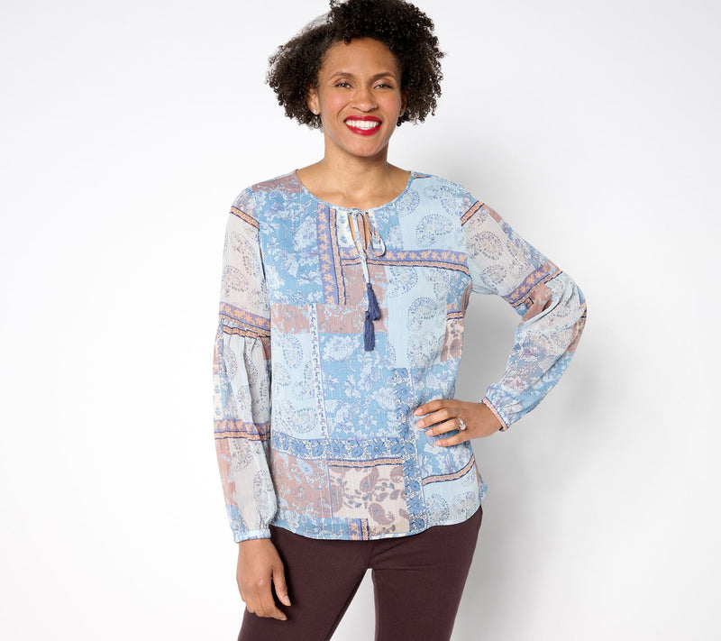 Belle Boho by Kim Gravel Patchwork Peasant Blouse with Tassels — View 3