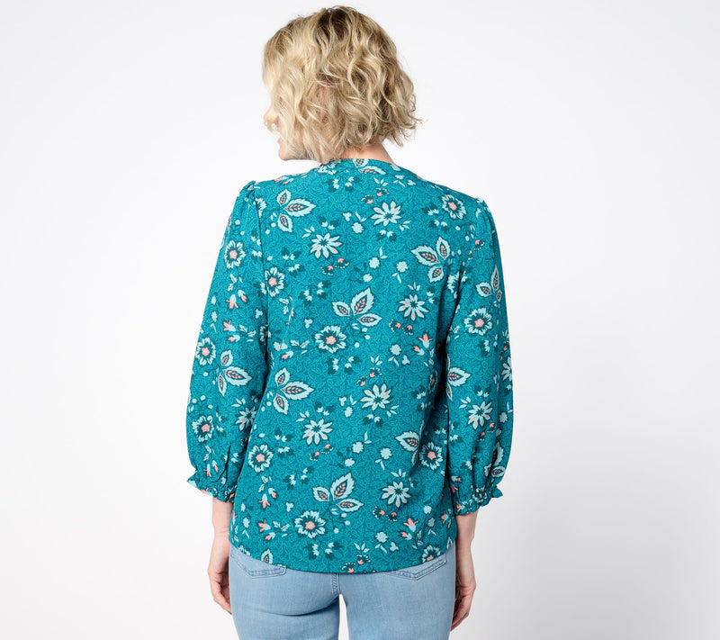 Denim & Co. Printed Balloon Sleeve Smocked Blouse — View 2