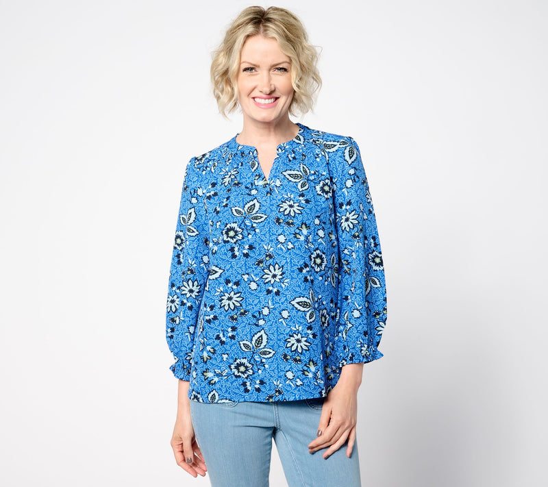 Denim & Co. Printed Balloon Sleeve Smocked Blouse — View 9