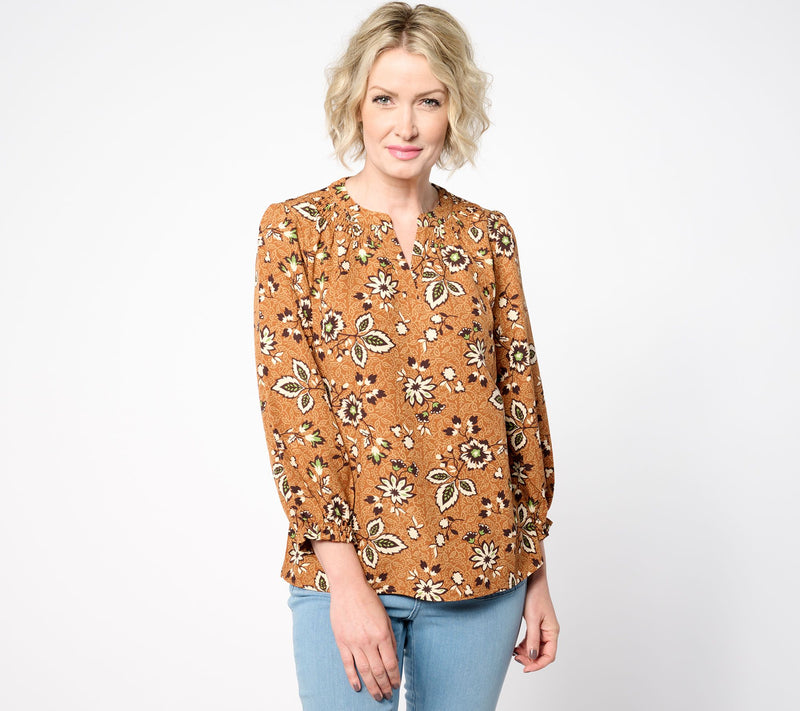 Denim & Co. Printed Balloon Sleeve Smocked Blouse — View 10