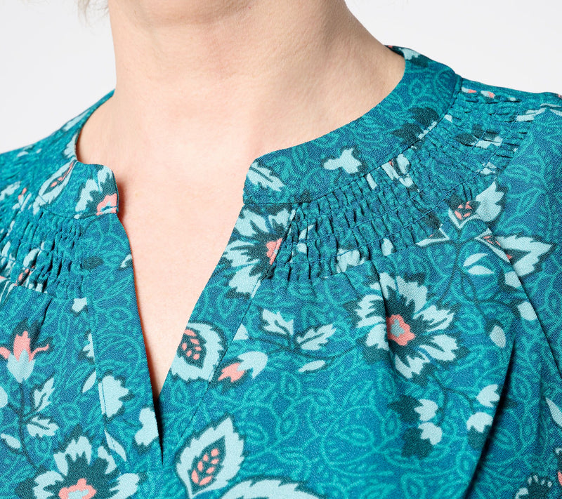 Denim & Co. Printed Balloon Sleeve Smocked Blouse — View 4