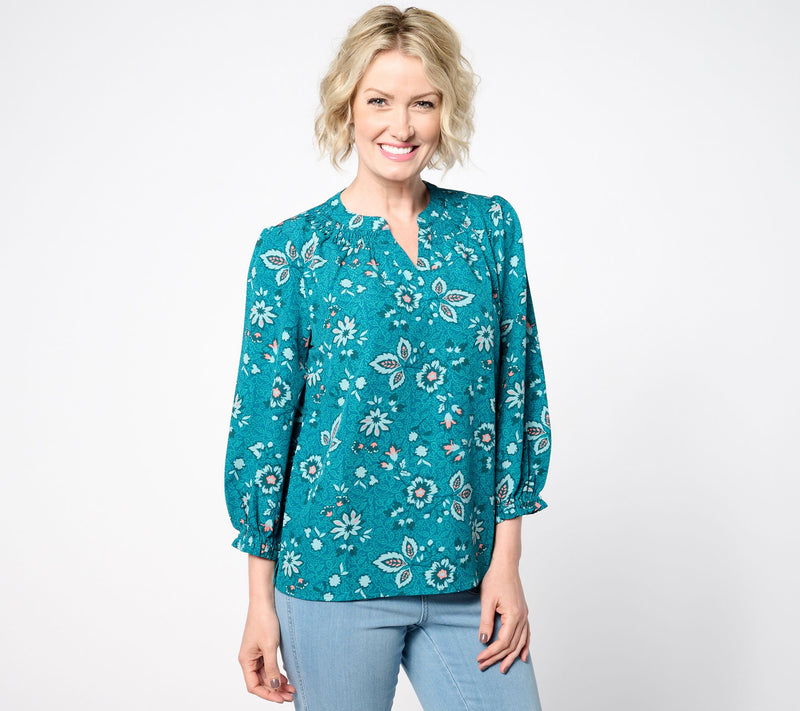 Denim & Co. Printed Balloon Sleeve Smocked Blouse — Main view