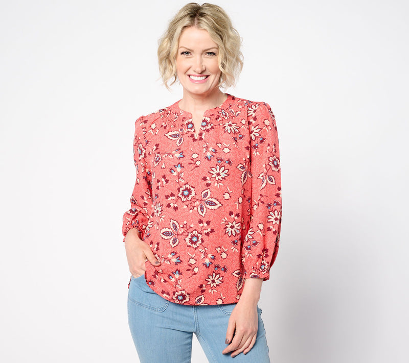 Denim & Co. Printed Balloon Sleeve Smocked Blouse — View 12