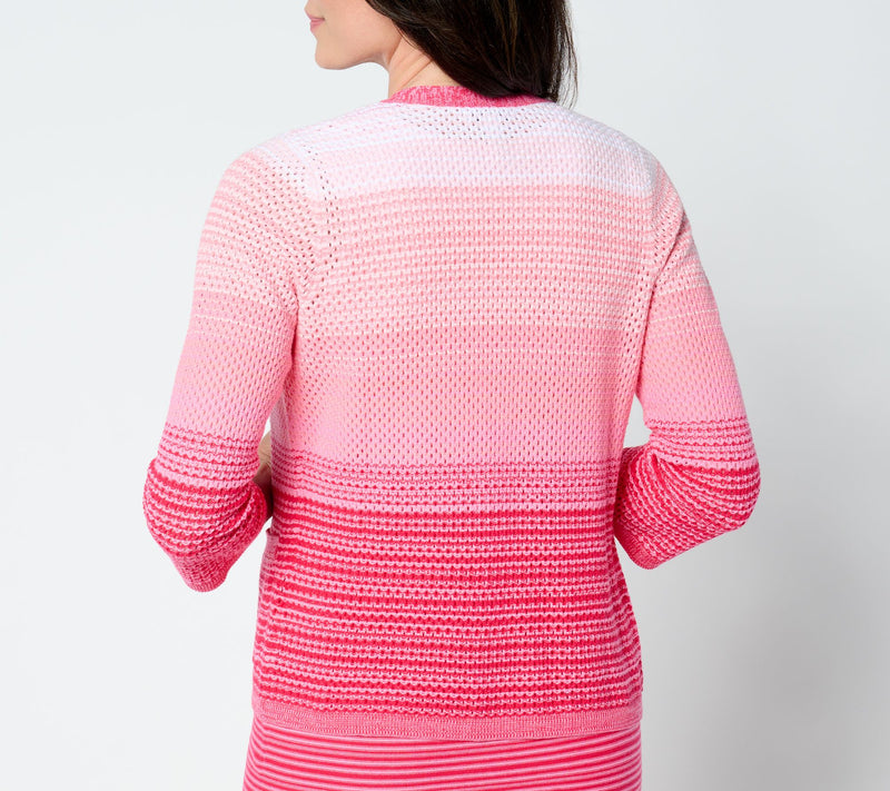 Isaac Mizrahi Live! Button Front Ombre Stripe Cardigan with Pockets — View 2