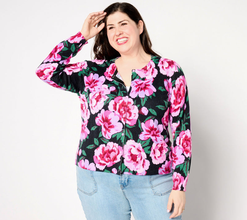 Isaac Mizrahi Live! Floral Printed Button Front Cardigan — View 7