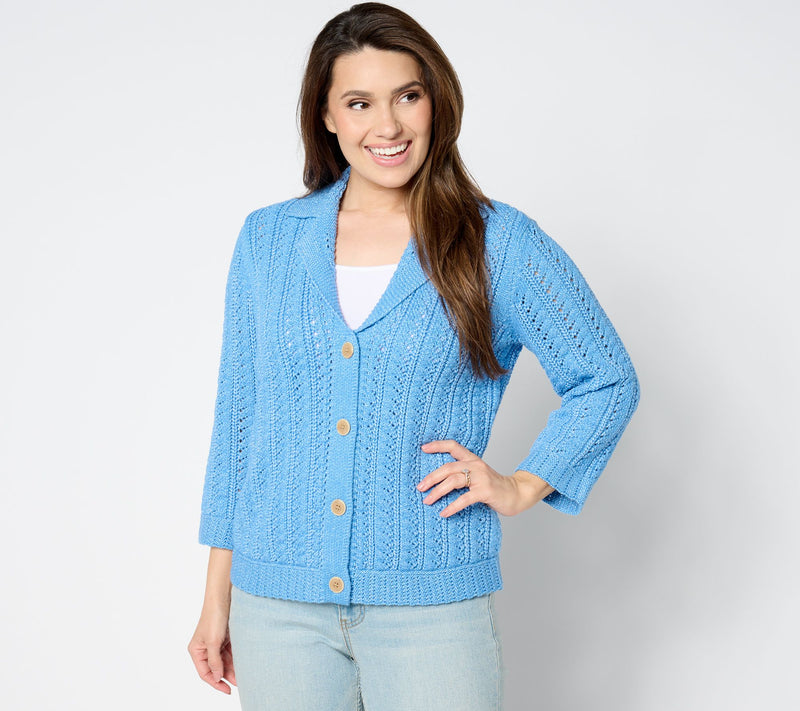 Isaac Mizrahi Live! Button Front Notch Collar Cable Knit Cardigan — Main view