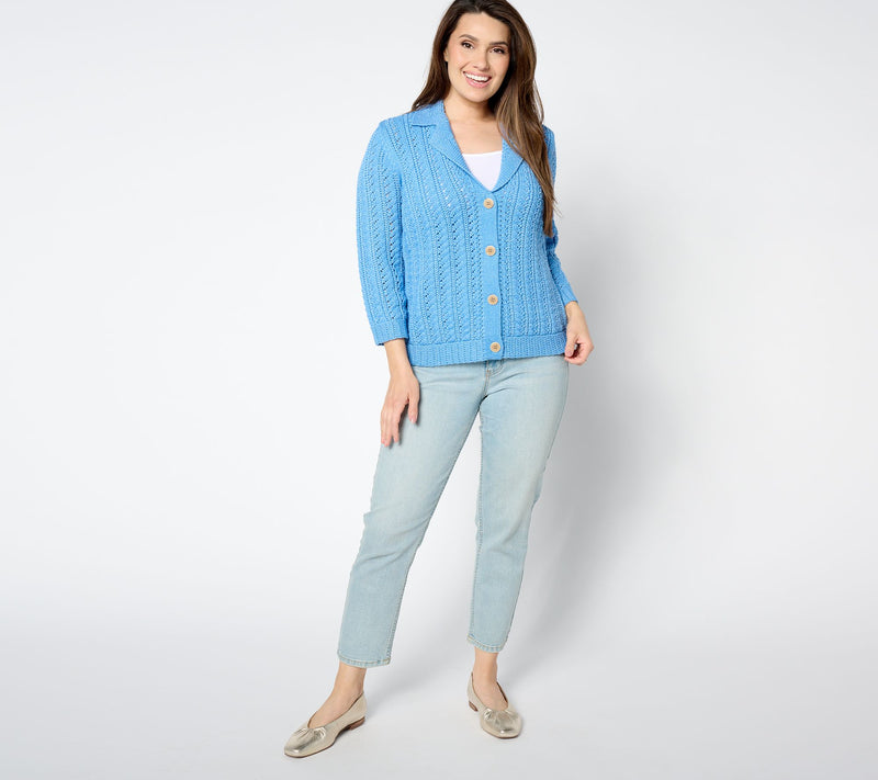Isaac Mizrahi Live! Button Front Notch Collar Cable Knit Cardigan — View 3