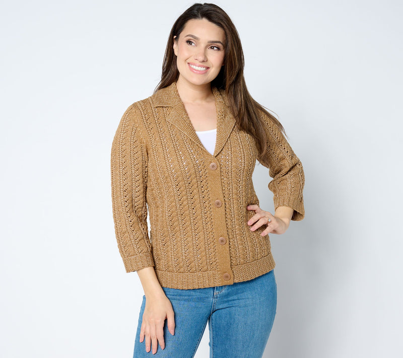 Isaac Mizrahi Live! Button Front Notch Collar Cable Knit Cardigan — View 13