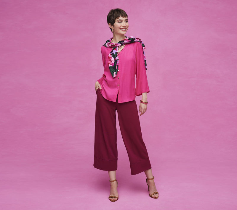 Isaac Mizrahi Live! Flowy Crinkle Satin Button Front Blouse — View 5