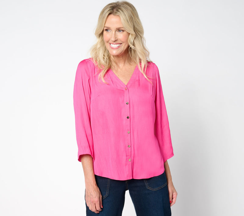 Isaac Mizrahi Live! Flowy Crinkle Satin Button Front Blouse — View 13