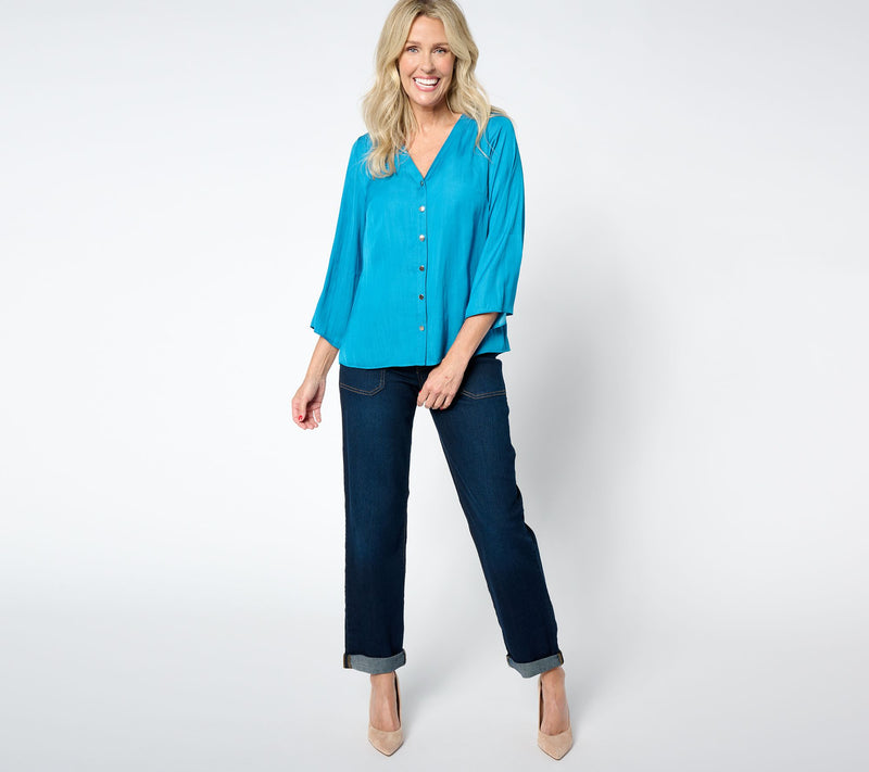 Isaac Mizrahi Live! Flowy Crinkle Satin Button Front Blouse — View 3