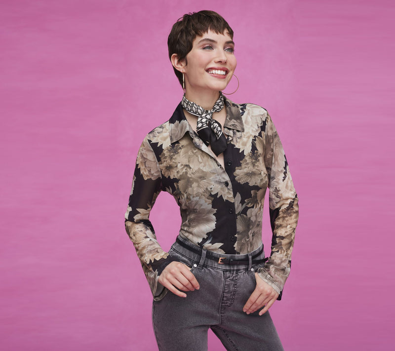 Isaac Mizrahi Live! Printed Mesh Long Sleeve Button Front Shirt — View 13