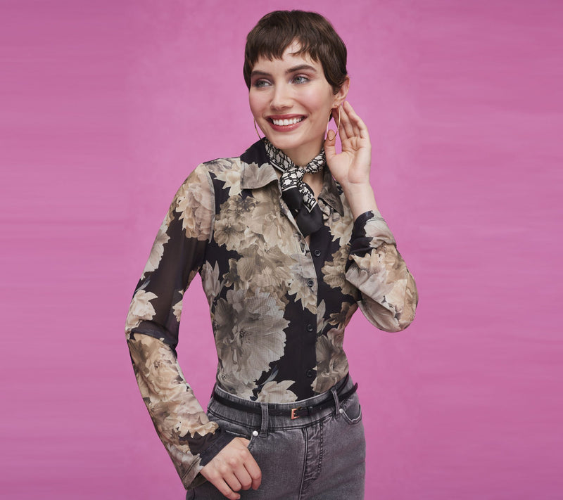Isaac Mizrahi Live! Printed Mesh Long Sleeve Button Front Shirt — View 14