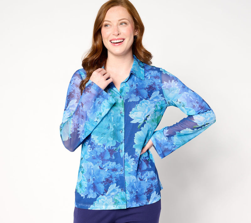 Isaac Mizrahi Live! Printed Mesh Long Sleeve Button Front Shirt — View 3