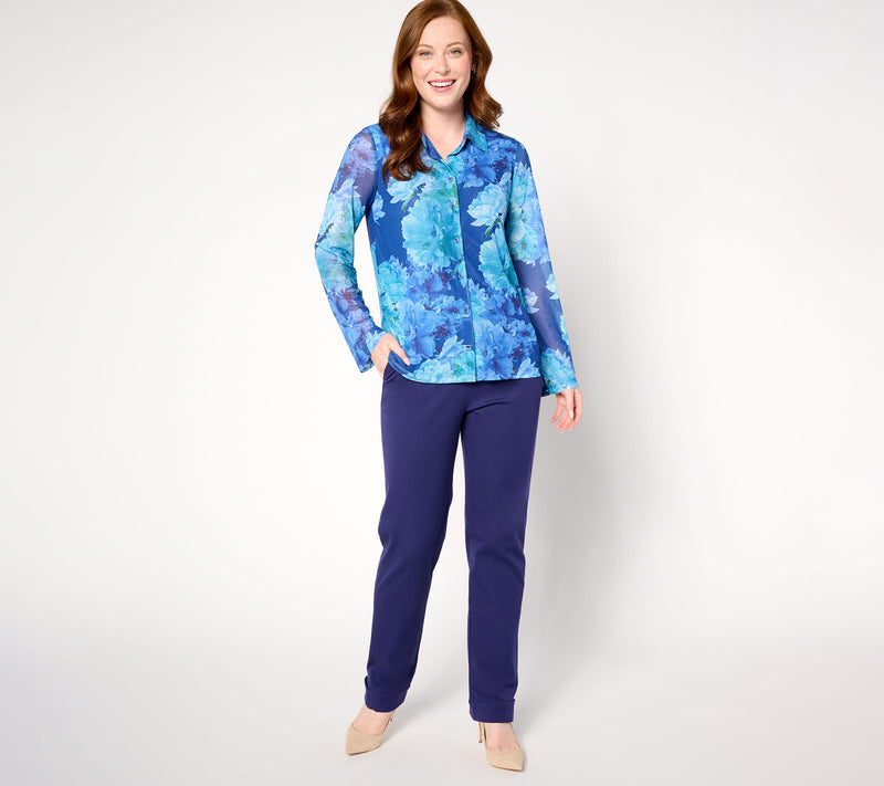 Isaac Mizrahi Live! Printed Mesh Long Sleeve Button Front Shirt — View 9
