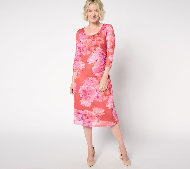 Isaac Mizrahi Live! Petite Printed Mesh 3/4-Sleeve Midi Dress — Main view