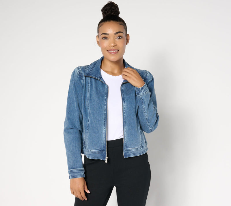 Isaac Mizrahi Live! True Denim Indigo Zip Front Bomber Jacket — View 3