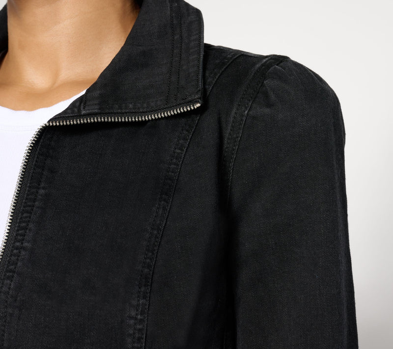Isaac Mizrahi Live! True Denim Black Zip Front Bomber Jacket — View 6
