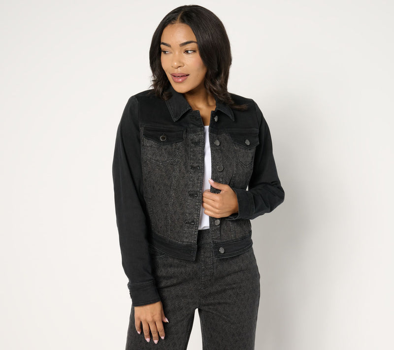 Isaac Mizrahi Live! True Denim Black Pattern Denim Jacket — View 3