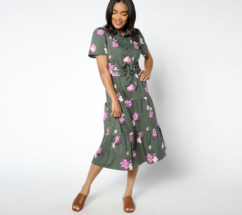 Denim & Co. Printed Poplin Tiered Shirt Dress with Pockets — Main view