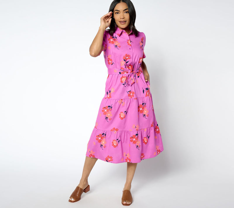 Denim & Co. Printed Poplin Tiered Shirt Dress with Pockets — View 7