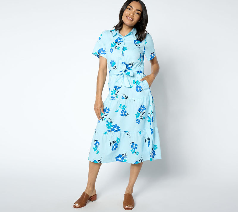 Denim & Co. Printed Poplin Tiered Shirt Dress with Pockets — View 5