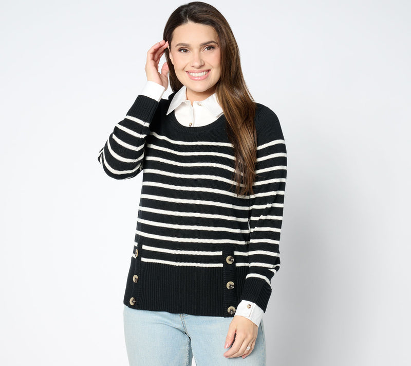 Joan Rivers Striped Sweater With Woven Collar And Cuffs — View 9