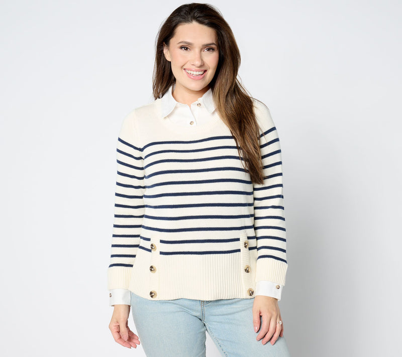 Joan Rivers Striped Sweater With Woven Collar And Cuffs — View 10