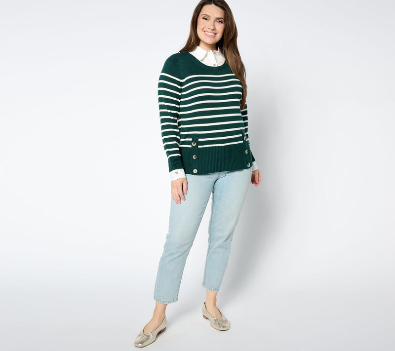 Joan Rivers Striped Sweater With Woven Collar And Cuffs — View 3